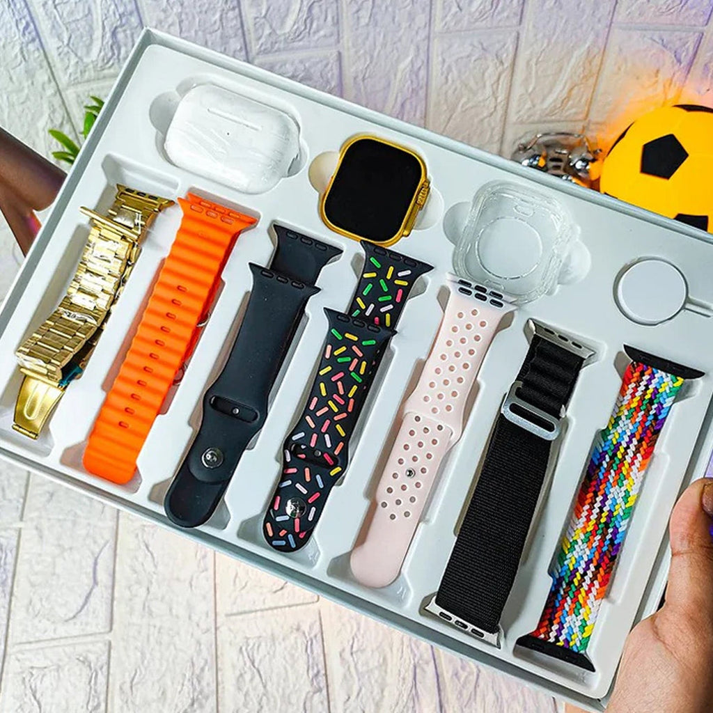 10 in 1 Set Ultra 2 Smart Bluetooth Calling Smart watch + Earphones with Transparent Screen Guard Watch with Seven Classic Straps (Mix Color)